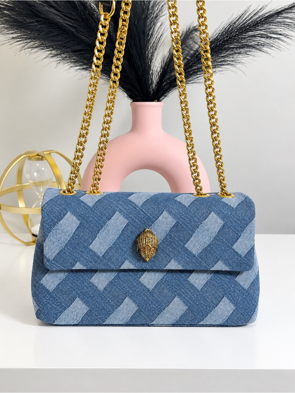Blue Denim Patterned Chain Shoulder Bag